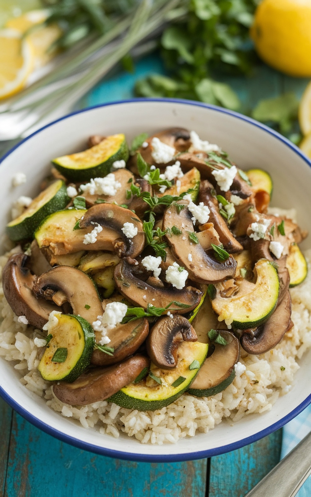 Mediterranean-Asian Mushroom and Zucchini Stir Fry Recipe A colorful mushroom and zucchini stir fry garnished with herbs and feta, served over rice on a rustic table.